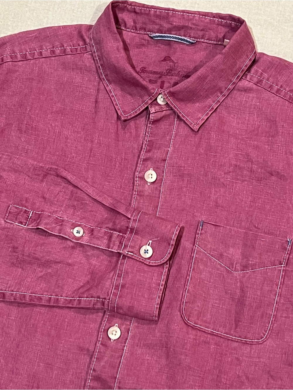Tommy Bahama Linen Long Sleeve Button Up Shirt Size Large Fuchsia/Raspberry Pink